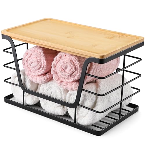 2 Pack Storage Stackable Kitchen Laundry Organizers with Bamboo Top, Wall Mount Large Trash Bag Holder and Small Garbage Bag Dispenser