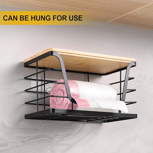 2 Pack Storage Stackable Kitchen Laundry Organizers with Bamboo Top, Wall Mount Large Trash Bag Holder and Small Garbage Bag Dispenser