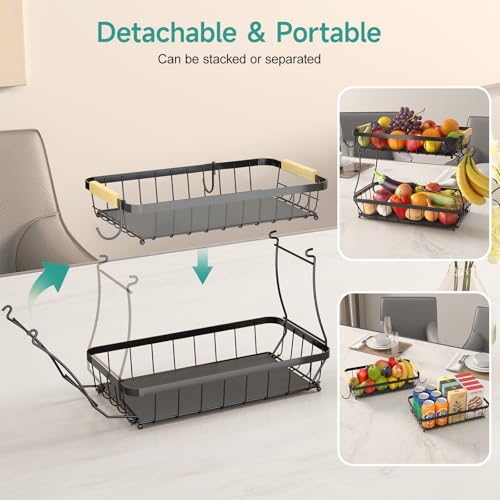 2 Tier Fruit Basket for Kitchen Counter with 2 Mobile Banana Hangers, 2025 Pro Detachable Metal Fruit Bowl with Wooden Handle, Fruit Holder for...
