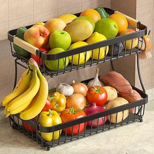 2 Tier Fruit Basket for Kitchen Counter with 2 Mobile Banana Hangers, 2025 Pro Detachable Metal Fruit Bowl with Wooden Handle, Fruit Holder for...