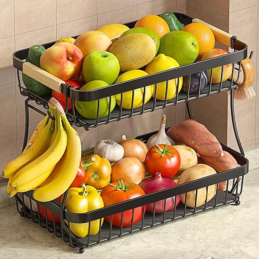 2 Tier Fruit Basket for Kitchen Counter with 2 Mobile Banana Hangers, 2025 Pro Detachable Metal Fruit Bowl with Wooden Handle, Fruit Holder for...