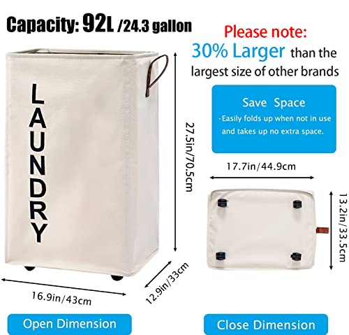 92L Large Laundry Hamper with Leather Handle,Standable Laundry Basket with Wheels ,Large Hamper,Rolling Laundry Basket White 92L Large Laundry Hamper with Leather Handle,Standable Laundry Basket with Wheels ,Large Hamper,Rolling Laundry Basket White