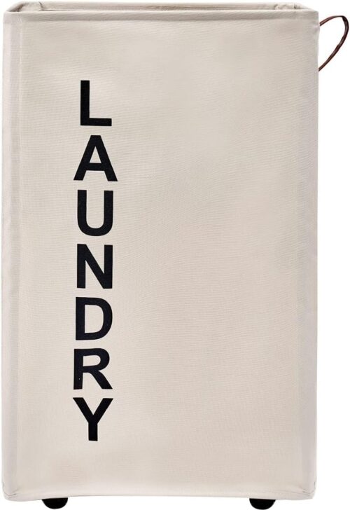 92L Large Laundry Hamper with Leather Handle,Standable Laundry Basket with Wheels ,Large Hamper,Rolling Laundry Basket White