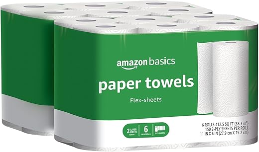Amazon Basics 2-Ply Flex-Sheets Paper Towels, 12 Basics Rolls = 32 Regular Rolls, Everyday Value with 150 Sheets per Roll Amazon Basics 2-Ply Flex-Sheets Paper Towels, 12 Basics Rolls = 32 Regular Rolls, Everyday Value with 150 Sheets per Roll