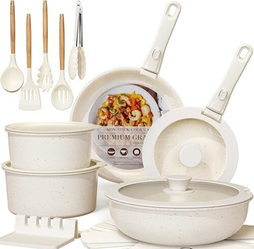 Astercook 21 Pcs Pots and Pans Set Non Stick, Ceramic Cookware Set Detachable Handle, RV Kitchen Cooking Set Removable Handles, Oven Safe,...