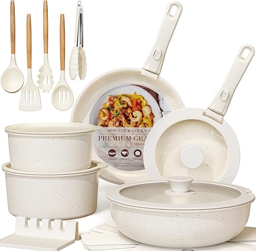 Astercook 21 Pcs Pots and Pans Set Non Stick, Ceramic Cookware Set Detachable Handle, RV Kitchen Cooking Set Removable Handles, Oven Safe,...
