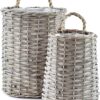 AuldHome Design Wall Hanging Baskets (Set of 2, Gray); Woven Wicker Rustic Farmhouse Gray Washed Door Baskets, Small and Medium Size