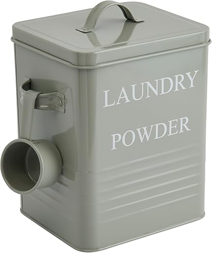 Bloomingville Farmhouse Metal Container with "Laundry Powder" Message, Lid, and Scoop, Grey
