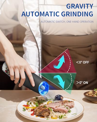 CIRCLE JOY Gravity Electric Salt and Pepper Grinder Set Automatic Salt and Pepper Grinder Set with LED Light, Battery Operated, Adjustable...