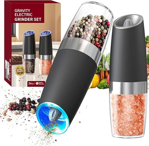 CIRCLE JOY Gravity Electric Salt and Pepper Grinder Set Automatic Salt and Pepper Grinder Set with LED Light, Battery Operated, Adjustable...