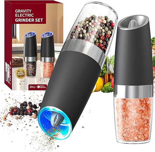 CIRCLE JOY Gravity Electric Salt and Pepper Grinder Set Automatic Salt and Pepper Grinder Set with LED Light, Battery Operated, Adjustable...
