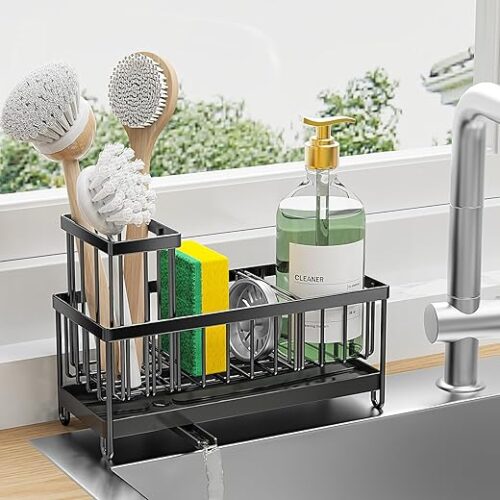 Cisily Black Sponge Holder for Kitchen Sink, Sink Caddy Organizer with High Brush Holder, Kitchen Countertop Organizers and Storage Essentials,...