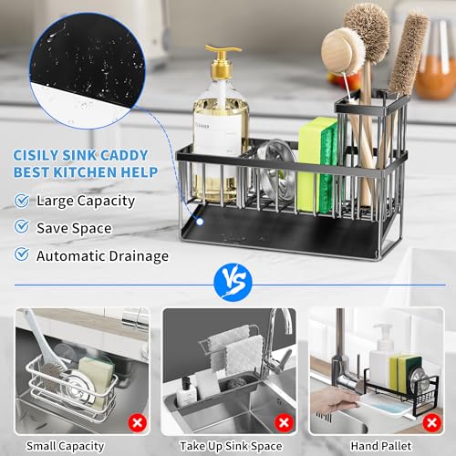 Cisily Kitchen Sink Caddy Organzier with High Brush Holder, Sponge Holder for Sink, 304 Rustproof Stainless, Kitchen Countertop Soap Dispenser...