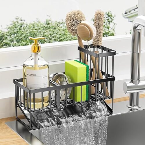 Cisily Kitchen Sink Caddy Organzier with High Brush Holder, Sponge Holder for Sink, 304 Rustproof Stainless, Kitchen Countertop Soap Dispenser...