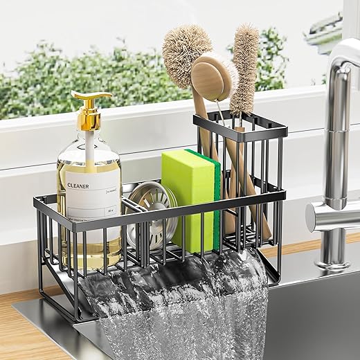 Cisily Kitchen Sink Caddy Organzier with High Brush Holder, Sponge Holder for Sink, 304 Rustproof Stainless, Kitchen Countertop Soap Dispenser...