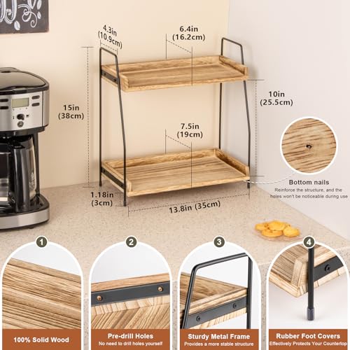 Countertop Coffee Station Organizer, 2 Tier Wooden Shelf for Coffee Bar Accessories, Condiment Storage Caddy for Kitchen, Home, Office - Brown