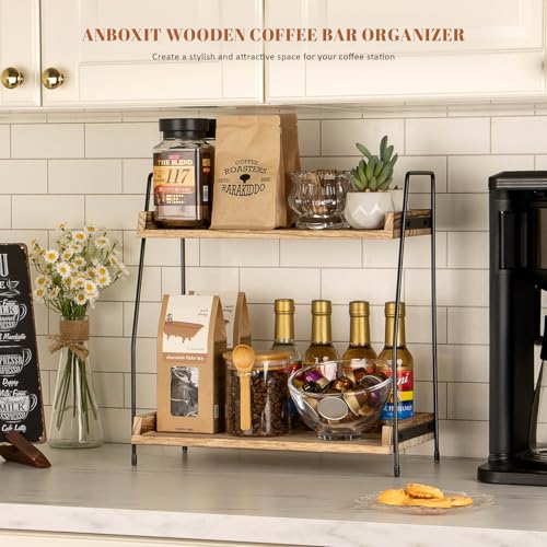 Countertop Coffee Station Organizer, 2 Tier Wooden Shelf for Coffee Bar Accessories, Condiment Storage Caddy for Kitchen, Home, Office - Brown