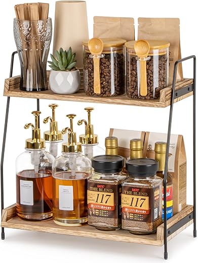 Countertop Coffee Station Organizer, 2 Tier Wooden Shelf for Coffee Bar Accessories, Condiment Storage Caddy for Kitchen, Home, Office - Brown