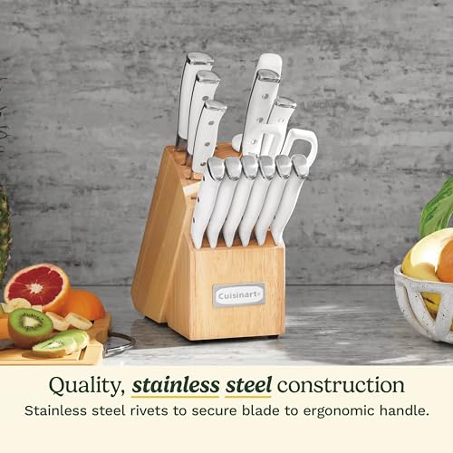 Cuisinart 15-Piece Knife Set with Block, High Carbon Stainless Steel, Forged Triple Rivet, White, C77WTR-15P Cuisinart 15-Piece Knife Set with Block, High Carbon Stainless Steel, Forged Triple Rivet, White, C77WTR-15P