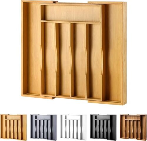 Expandable Bamboo Kitchen Drawer Organizer for Cutlery and Utensils, Adjustable Bamboo Wood Cutlery Tray in Drawer for Flatware and Silverware in...