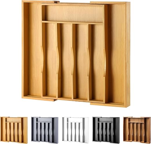 Expandable Bamboo Kitchen Drawer Organizer for Cutlery and Utensils, Adjustable Bamboo Wood Cutlery Tray in Drawer for Flatware and Silverware in...