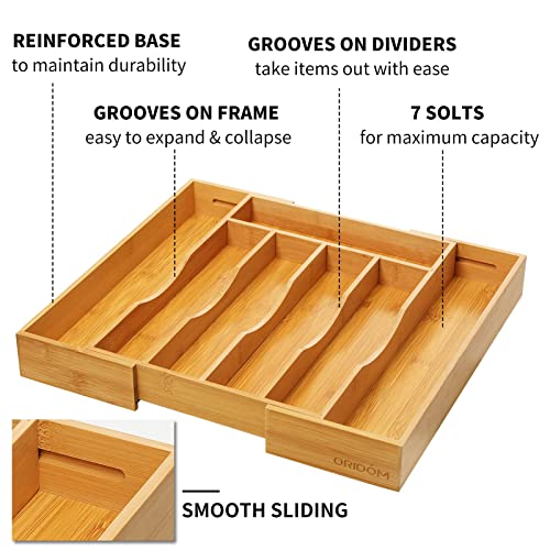 Expandable Bamboo Kitchen Drawer Organizer for Cutlery and Utensils, Adjustable Bamboo Wood Cutlery Tray in Drawer for Flatware and Silverware in...