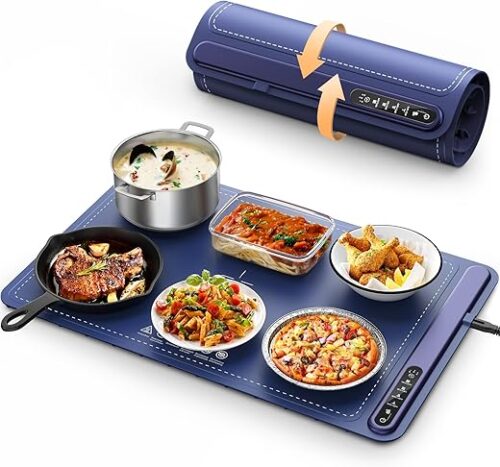 Food Warming Mat - Fast Heating Silicone Electric Warming Tray with 4 Level Temperature, Raised Feet Protects Table, Roll Up Buffet Hot Plates Heat...