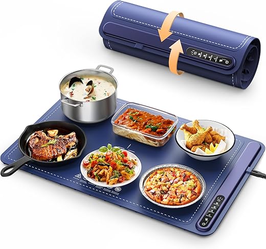 Food Warming Mat - Fast Heating Silicone Electric Warming Tray with 4 Level Temperature, Raised Feet Protects Table, Roll Up Buffet Hot Plates Heat...