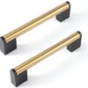 FULGENTE Golden Cabinet Pulls Brushed Brass Handles 5'' Stainless Steel Hardware for Kitchen Bathroom Wardrobe Bedroom Furniture Black Square Base...