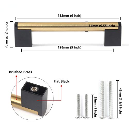FULGENTE Golden Cabinet Pulls Brushed Brass Handles 5'' Stainless Steel Hardware for Kitchen Bathroom Wardrobe Bedroom Furniture Black Square Base...