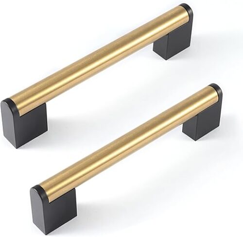 FULGENTE Golden Cabinet Pulls Brushed Brass Handles 5'' Stainless Steel Hardware for Kitchen Bathroom Wardrobe Bedroom Furniture Black Square Base...