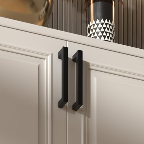 Goldenwarm 5 Pack Black Square Bar Cabinet Pull Drawer Handle Stainless Steel Modern Hardware for Kitchen and Bathroom Cabinets Cupboard,Center to...