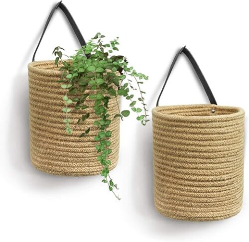 Goodpick 2pack Jute Hanging Basket - Small Woven Fern Hanging Rope Basket Flower Plants Wall Basket Decor Set Boho, 7.87 x 7 x 11.7 inches