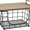 Gourmet Basics by Mikasa Madam Metal Stacking/Nesting Rectangular Basket with Acacia Lid, Antique Black