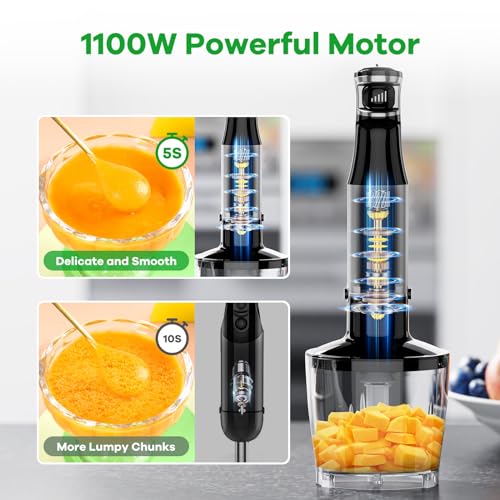 Immersion Blender Handheld Corded Hand Blenders Set 1100W, Trigger Variable Speed 5 in 1 Stick Emulsifier with Chopper, Whisk and Frother for Soup,...