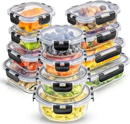 JoyJolt 24pc Borosilicate Glass Storage Containers with Lids | 12 Airtight/Freezer Safe Food Storage Containers for Pantry and Kitchen | Meal Prep...