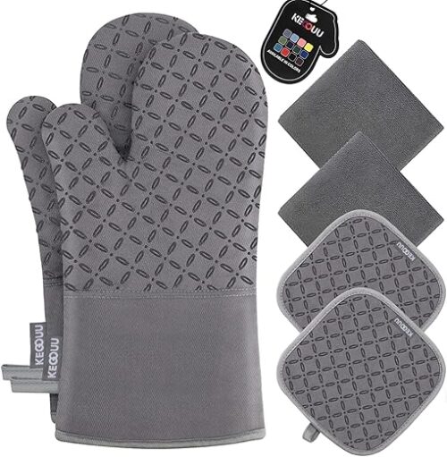KEGOUU Oven Mitts and Pot Holders 6pcs Set, Kitchen Oven Glove High Heat Resistant 500 Degree Extra Long Oven Mitts and Potholder with Non-Slip...