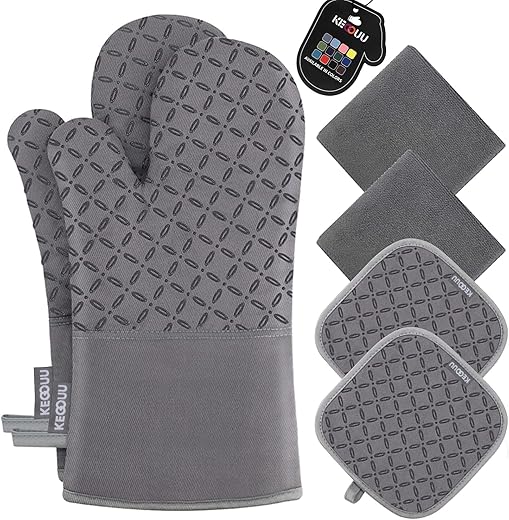 KEGOUU Oven Mitts and Pot Holders 6pcs Set, Kitchen Oven Glove High Heat Resistant 500 Degree Extra Long Oven Mitts and Potholder with Non-Slip...