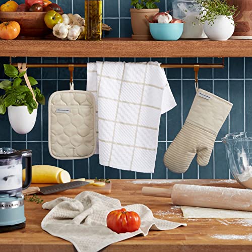 KITCHENAID Quilted Cotton Terry Cloth Oven Mitt, Pot Holder, Kitchen Towel 4-Pack Set, Heat Resistant, Silicone Grip, 16"x26", 7"x13" & 7"x10",...