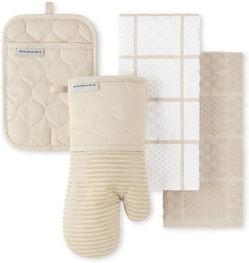 KITCHENAID Quilted Cotton Terry Cloth Oven Mitt, Pot Holder, Kitchen Towel 4-Pack Set, Heat Resistant, Silicone Grip, 16"x26", 7"x13" & 7"x10",...