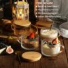 LANDNEOO 4pcs Set Vintage Coffee Mugs gifts for women, Overnight Oats Containers with Bamboo Lids and Spoons - 14oz Clear Embossed Glass Cups, Cute...