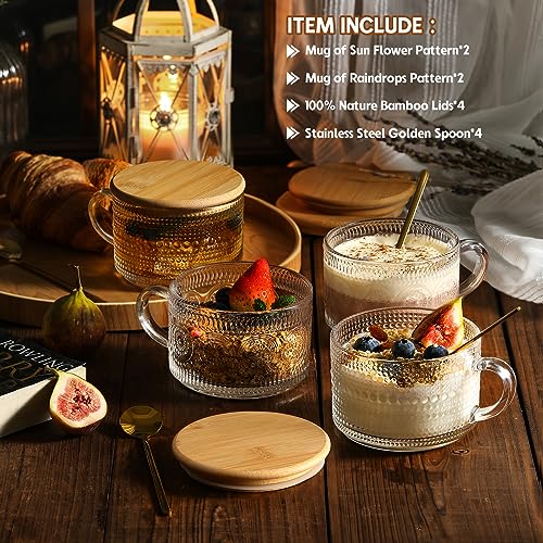 LANDNEOO 4pcs Set Vintage Coffee Mugs gifts for women, Overnight Oats Containers with Bamboo Lids and Spoons - 14oz Clear Embossed Glass Cups, Cute...