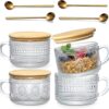LANDNEOO 4pcs Set Vintage Coffee Mugs gifts for women, Overnight Oats Containers with Bamboo Lids and Spoons - 14oz Clear Embossed Glass Cups, Cute...