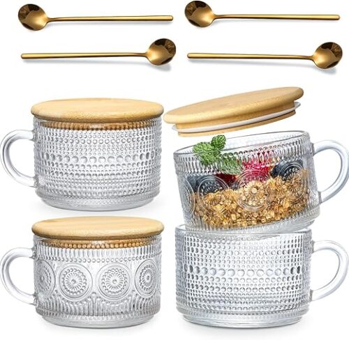LANDNEOO 4pcs Set Vintage Coffee Mugs gifts for women, Overnight Oats Containers with Bamboo Lids and Spoons - 14oz Clear Embossed Glass Cups, Cute...
