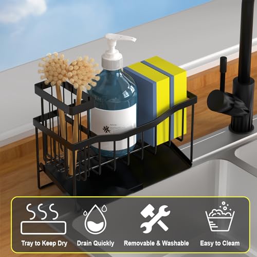 Maifan Sink Caddy Sponge Holder for Kitchen with Brush Holder and Stainless Steel Self Drain Tray, Rustproof Kitchen Sink Organizer for Sponge,...