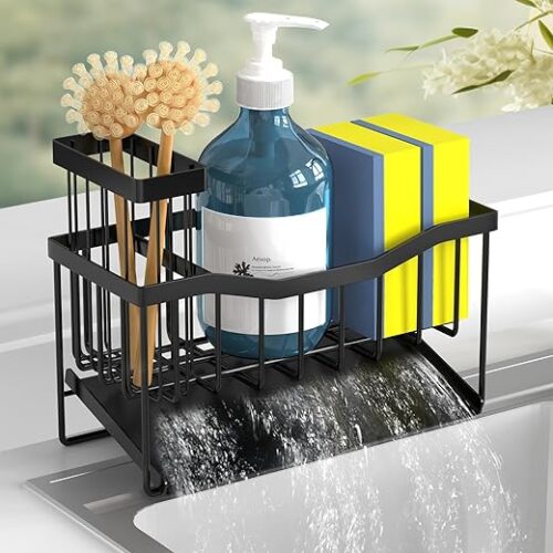 Maifan Sink Caddy Sponge Holder for Kitchen with Brush Holder and Stainless Steel Self Drain Tray, Rustproof Kitchen Sink Organizer for Sponge,...