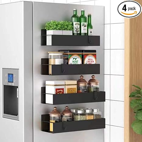 Metal 4 Pack Magnetic Spice Storage Rack Organizer for Refrigerator and Oven, Black Fridge Organizers and Storage