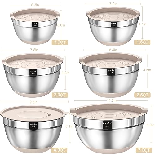 Mixing Bowls with Airtight Lids Set, 26PCS Stainless Steel Khaki Bowls with Grater Attachments, Non-Slip Bottoms & Kitchen Gadgets Set, Size 7, 4,...