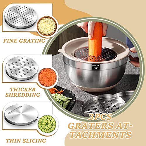 Mixing Bowls with Airtight Lids Set, 26PCS Stainless Steel Khaki Bowls with Grater Attachments, Non-Slip Bottoms & Kitchen Gadgets Set, Size 7, 4,...