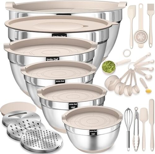 Mixing Bowls with Airtight Lids Set, 26PCS Stainless Steel Khaki Bowls with Grater Attachments, Non-Slip Bottoms & Kitchen Gadgets Set, Size 7, 4,...